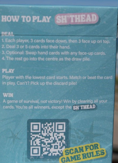 Back of Sh*thead Card Game box — How to Play deal, play, win rules and QR code