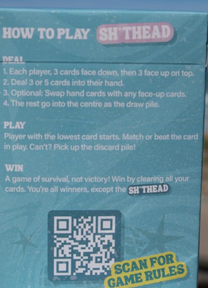 Back of Sh*thead Card Game box — How to Play deal, play, win rules and QR code
