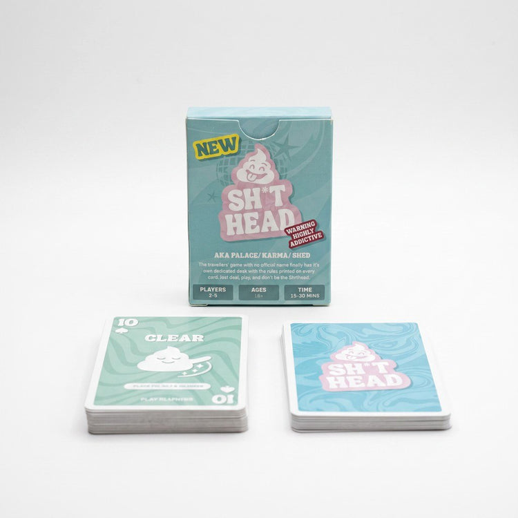 Sh*thead Card Game box with Clear 10♠ card and card backs — studio product shot