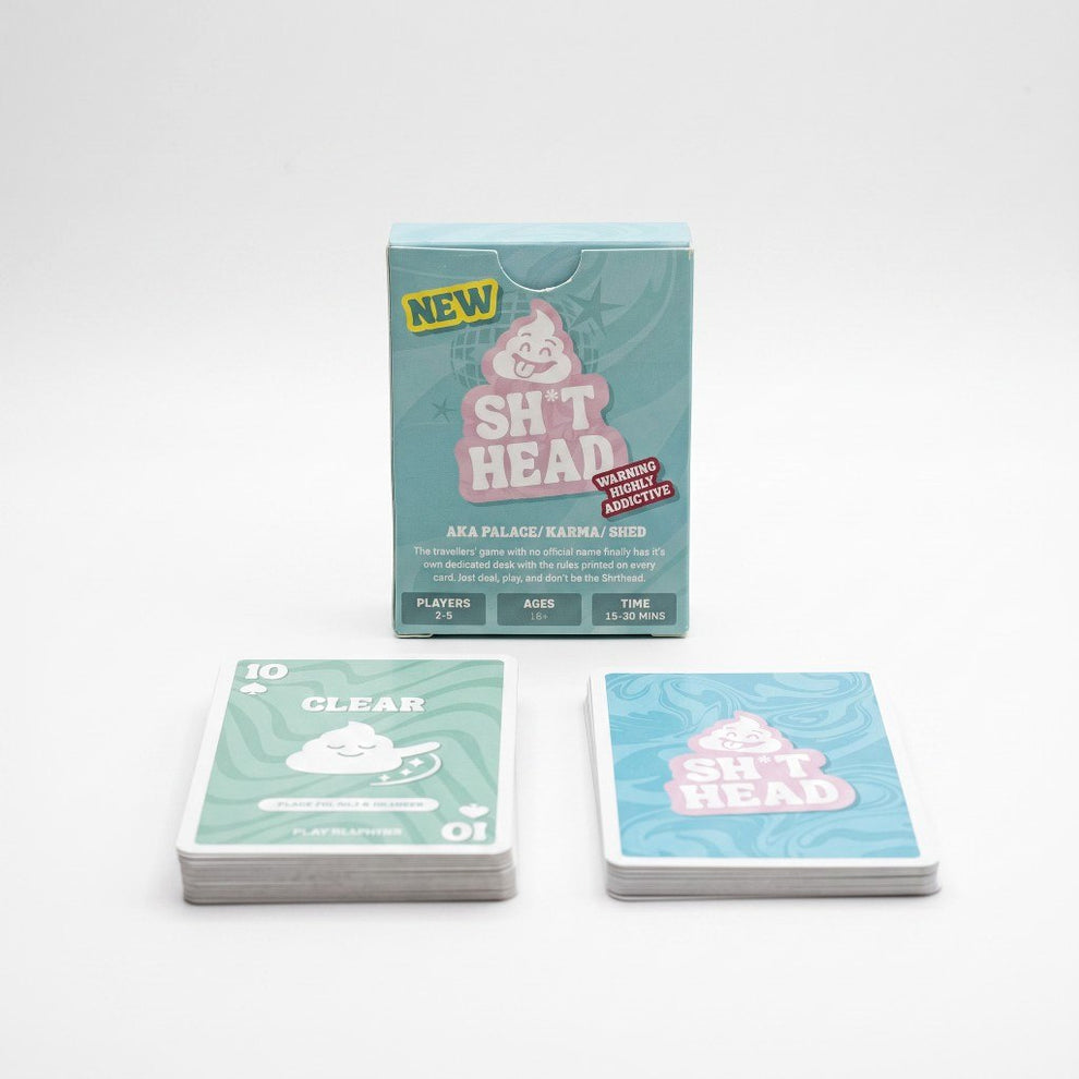 Sh*thead Card Game box with Clear 10♠ card and card backs — studio product shot