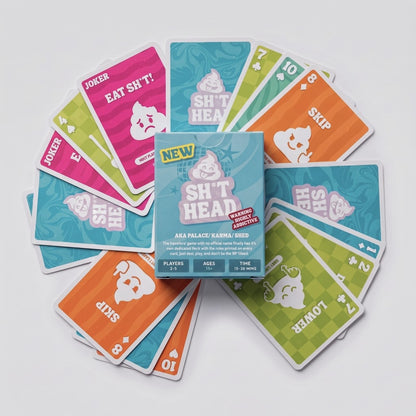 Sh*thead Card Game box with power cards fanned out — Skip, Lower, Joker and more